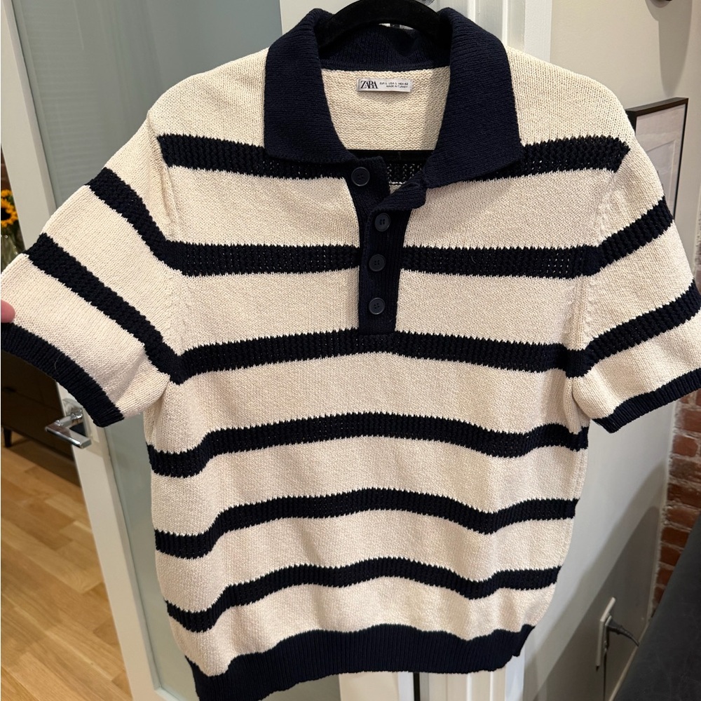 Zara Striped Short Sleeve Crewneck Sweater in Cream and Navy